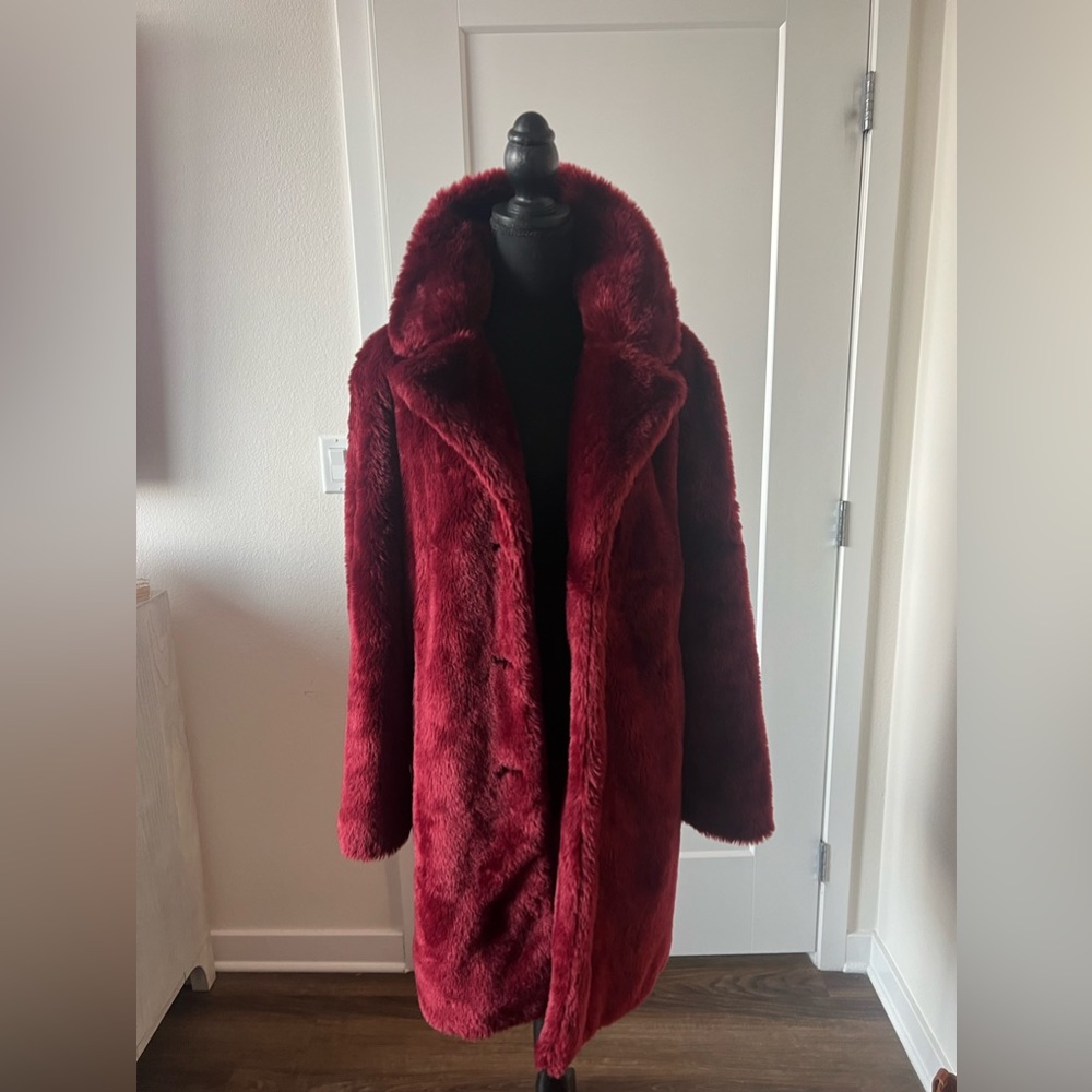 Anthropologie Burgundy Faux Fur Coat